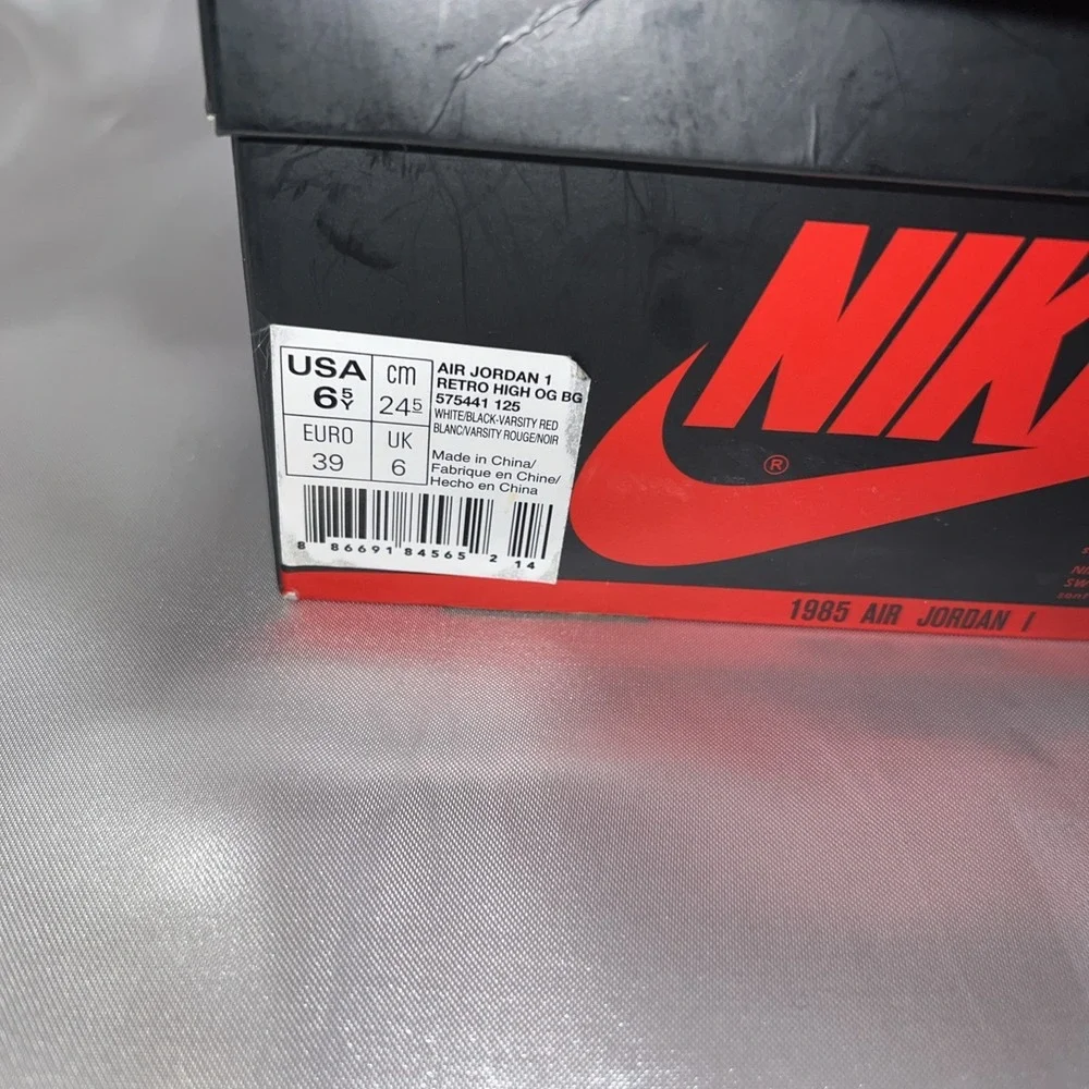 Jordan 1 Retro High OG BG Size 6.5 White/Black-Varsity Red 575441-125 | Preloved